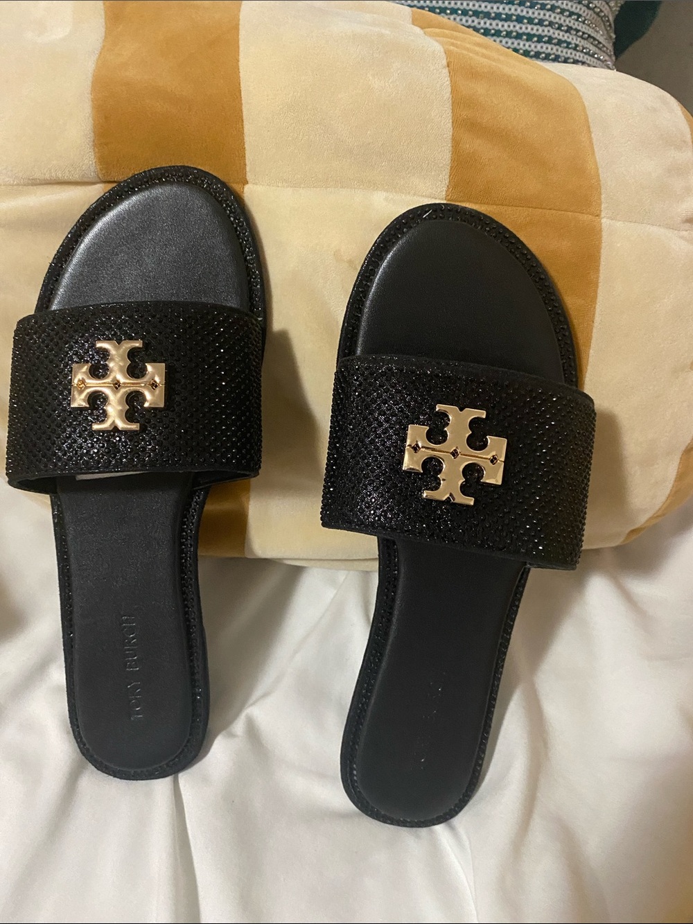 Tory Burch Black Slides with Gold Logo Hardware